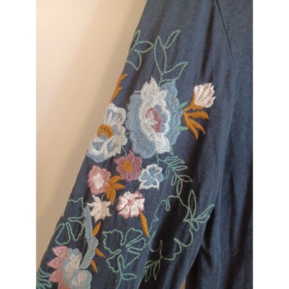 J. Jill Pullover Top Blouse SP Navy Blue Floral Embroidered Sleeves Boho Peasant - Picture 4 of 8